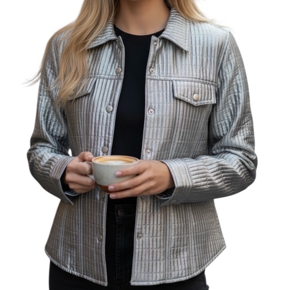 Susan Bristol Women's Size M Silver Quilted Snap Closure Blazer Jacket Metallic